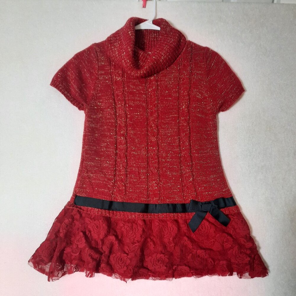 Girls SPARKLY SWEATER DRESS Red Gold Pullover Cable Knit Party Dress Short Slvs